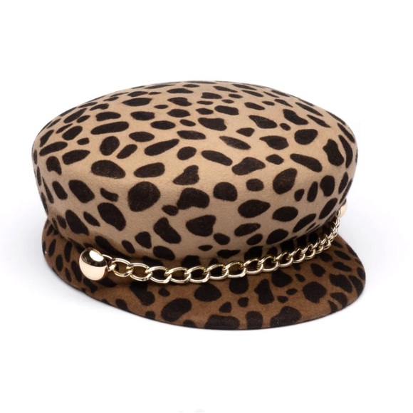 🆕EUGENIA KIM CAMEL BROWN LEOPARD SABRINA HAT WITH GOLD CHAIN - Picture 4 of 10